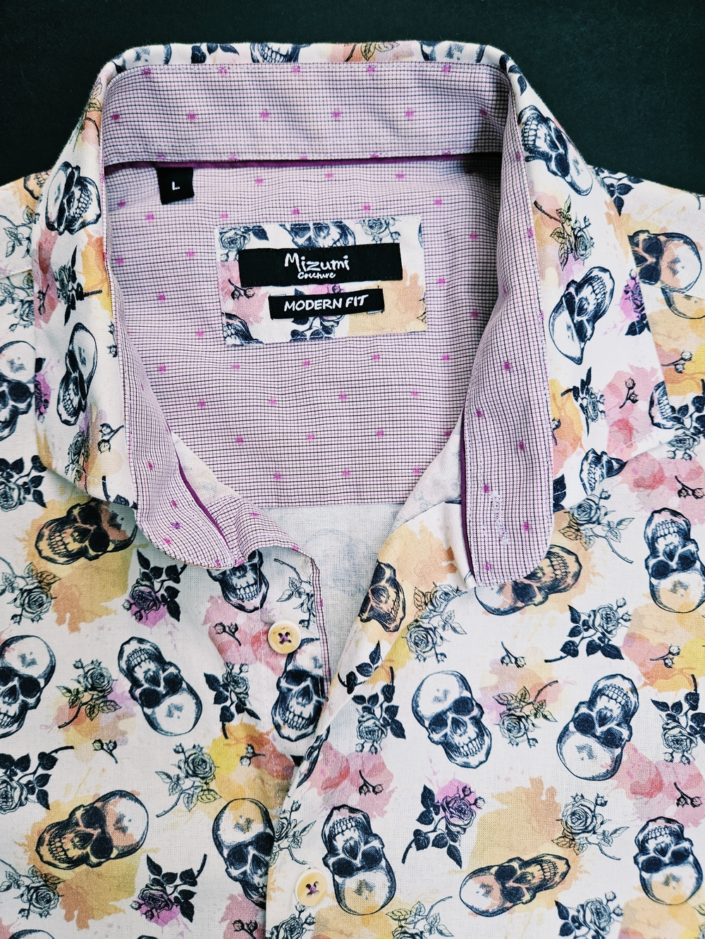 Mizumi Couture Mens Modern Fit Shirt L Skull Floral Print Unique Fun Graphic